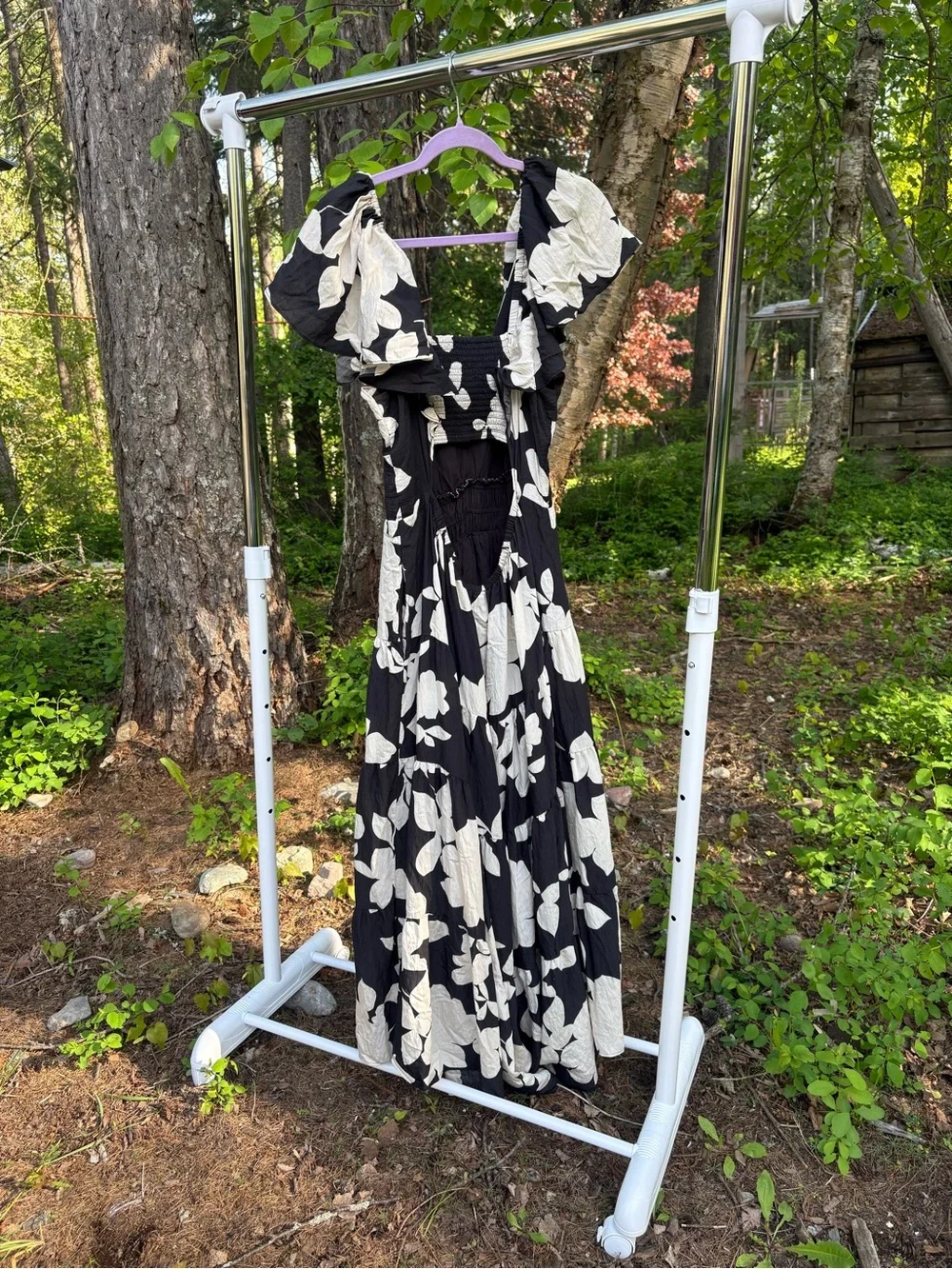 Black Floral Maxi Dress with Cream Blooms and Statement Sleeves - Picture 3 of 4